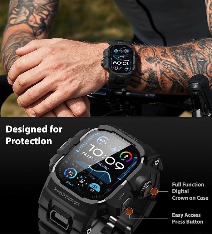 ULTIMAL Rugged Case with Band for Apple Watch 49mm,Compatible with Apple Watch Ultra 3/2/1, Military Grade Shockproof Bumper Cover for iWatch Tactical Band Men (49mm,Black)
