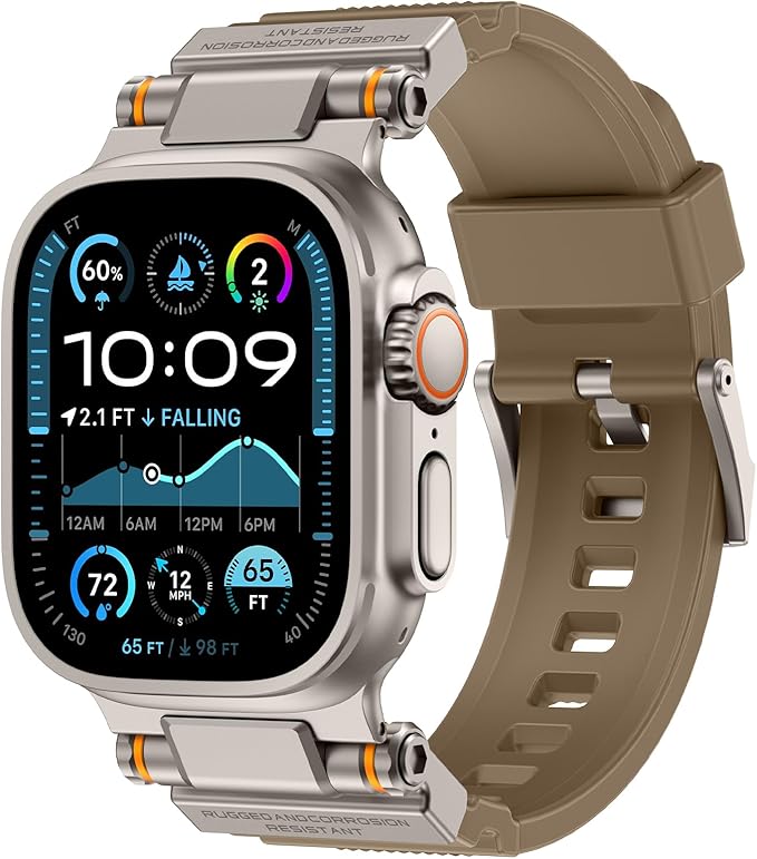 FOAMUNOC Rugged Band Compatible with Apple Watch Ultra 3/2/1 Band 49mm/46mm/45mm/44mm/42mm, Metal Connector with Strap for iWatch Ultra Series 11/10/9/8/7/6/SE3/SE2/SE/5/4/3/2/1, Desert Tan/Titanium