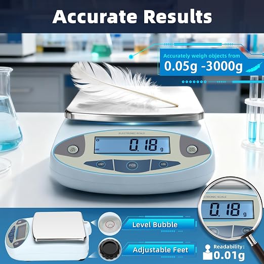 Lab Scale High Accuracy,13 Unit 0.01g High Precision Digital Analytical Balance, Electronic Laboratory Precision Gram Scale Digital Kitchen/Jewelry/Scientific Scale (3000 x 0.01g)