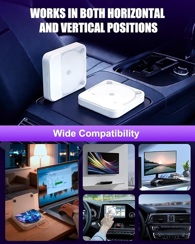 CD Player for Car USB Port AUX Port, External Car CD Player with USB-C Adapter, Extension Cable, for Cars Without CDs Player, Work Vertically and Horizontally for Car Stereo
