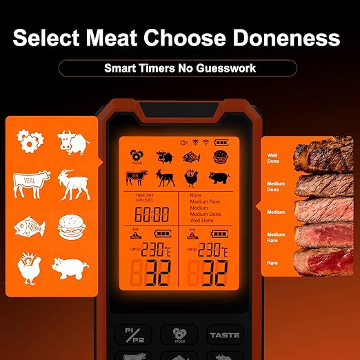 HOPEPOP Wireless Meat Thermometer Digital - NIST Certified Accuracy, Dual Monitoring Standalone Large LCD Base & App Control, 2 Meat Probes for Grill BBQ Smoker Oven (Orange)