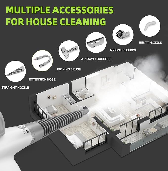 Handheld Steam Cleaner, Pressurized Multi-Surface Steam Shot with 13 Accessories, Safety Lock, Steamer for Cleaning Floor, Upholstery, Grout, Windows, Couch and Car, White