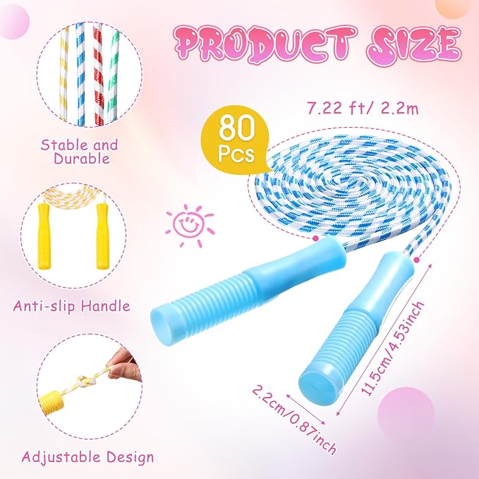 Aoriher 80 Pcs Jump Rope Bulk 7.22 ft Adjustable Stripe Skipping Rope Outdoor Exercise Fitness Equipment for Playground Activities Set, 4 Colors