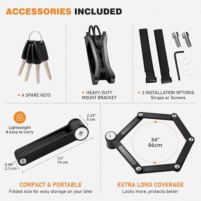 2 Pack Heavy Duty Folding Bike Locks, 34" Foldable Bicycle Lock with 8 Keys & Mounting Brackets, Alloy Steel Anti Theft Bike Lock for Electric Bike, Scooter & Motorcycle - Black