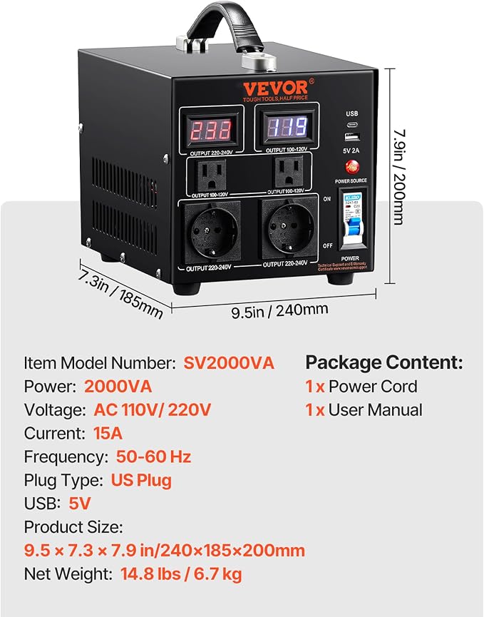 VEVOR Voltage Converter Transformer, 2000W, Heavy Duty Step Up/Down Transformer, Convert from 110 Volt to 220 Volt and from 220 Volt to 110 Volt, with US Outlet EU Outlet 5V USB Port, CE Certified