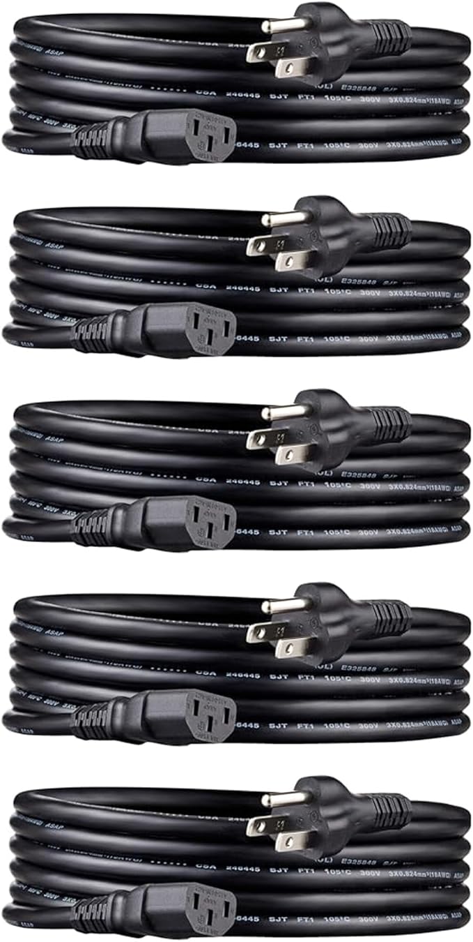Amazon Basics PC Power Cord, 10 feet, Compatible with Monitor, Computer, TV, 3 Prong, 18 AWG, 125 Volts, Black, 5-Pack