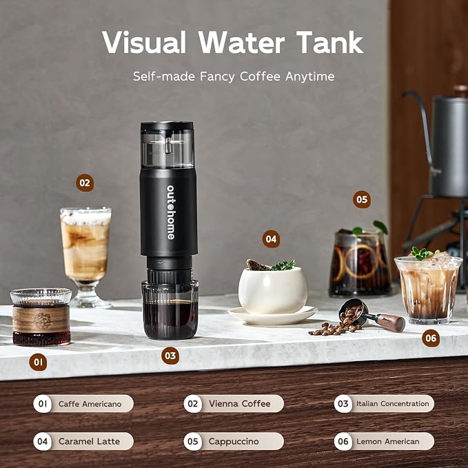 outohome Portable Electric Espresso Machine,15 Bar Self Heating Outdoor Coffee Maker, Travel Coffee Machine for Camping With Ground Coffee and NS Capsule for RV, Office,Car Coffee with carry Bag