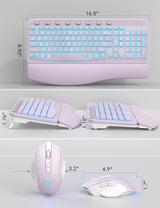 SABLUTE Ergonomic Wireless Keyboard and Mouse Combo - Wave Keyboard with Soft Leather Wrist Rest, Resistant Keys, RGB Backlit Rechargeable Set for PC/Mac/Chromebook (Lavender Purple)