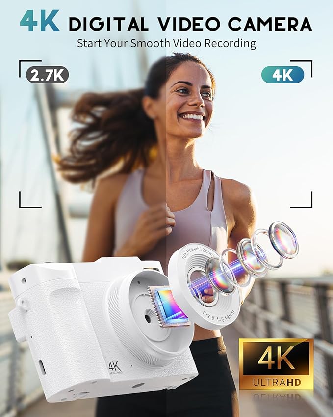 4K Digital Camera for Photography, 50MP Vlogging Camera for YouTube, Compact Cameras with 2.8" 180° Flip Screen, 16X Digital Zoom, Point and Shoot Camera with 32GB SD for Beginners, Travel, White