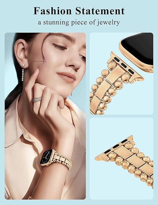 TOYOUTHS Beaded Bracelet Compatible with Apple Watch Bands 38/40/41/42/44/45/46/49mm Women, Dressy Fancy Stainless Steel Metal Elegant Jewelry Strap for iWatch Series 11 10 9 8 7 6 5 4 Ultra/SE 3 2 1