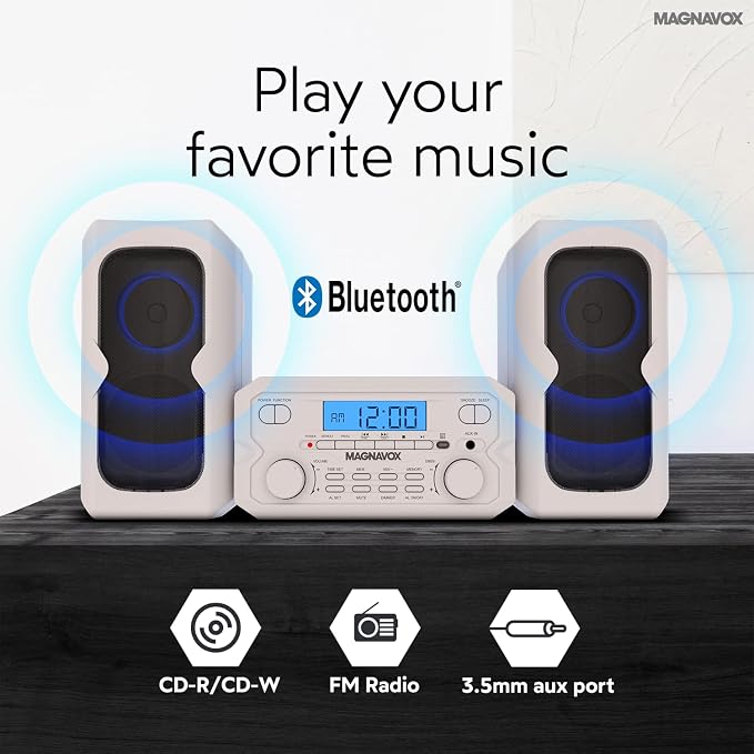 Magnavox 3-Piece Compact CD Shelf System with Digital FM Stereo Radio, Bluetooth Wireless Technology, and Remote Control in Silver | LCD Display | AUX Port Compatible