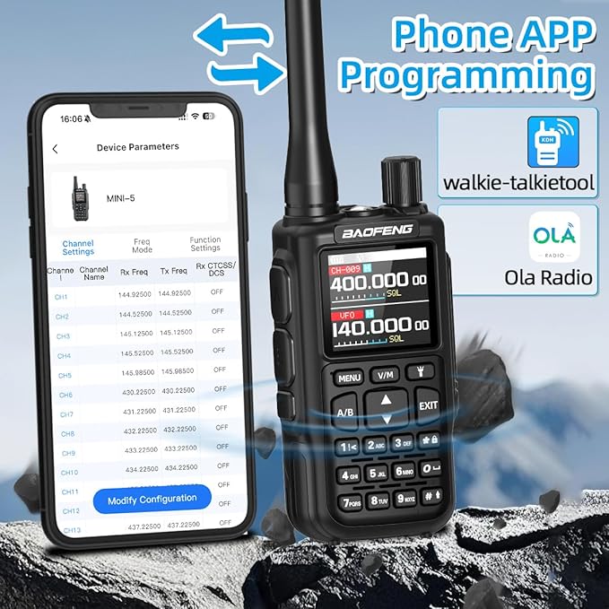 Baofeng Ham Radio Handheld UV-5R MINI-5 Rechargeable Walkie Talkies Long Range for Adults Two Way Radio Dual PTT APP Programming Copy Frequency NOAA with USB-C Charging Hunting Survival Gear