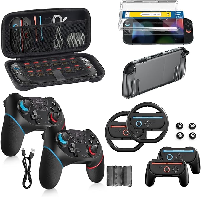 Pro Controllers Accessories Bundle for Nintendo Switch 2 18-in-1: Carrying Case, Screen Protector, Thumb Grip for Joycon, Dockable Console Protective Cover Shell, Steering Wheel, 2025 Switch2 Game Kit
