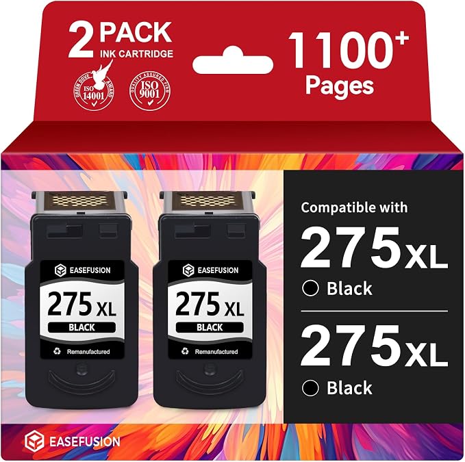 EaseFusion PG-275XL Black Ink Cartridge Replacement for Canon 275 Black Ink PG-275 PG275 PG275XL, Compatible with PIXMA TR4720 TS3522 TR4700 TS3500 TS4722 TS3722 Printer (2-Pack, High Yield)