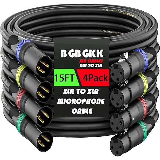 XLR Cables 15ft 4 Pack, Professional XLR Microphone Cable Male to Female, Gold-Plated 3-pin X LR Speaker Cables Balanced Mic Cord, Multicolor
