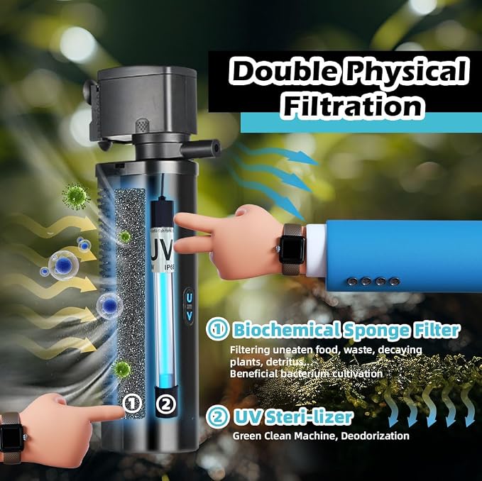 Aquarium Filter for 100-500 Gallon Tank, U-V Fish Tank Green Clean Machine Submersible Powerful Pump Canister Filter 600GPH for Pond Turtle Tank Saltwater Freshwater Crystal Clear Green Killing