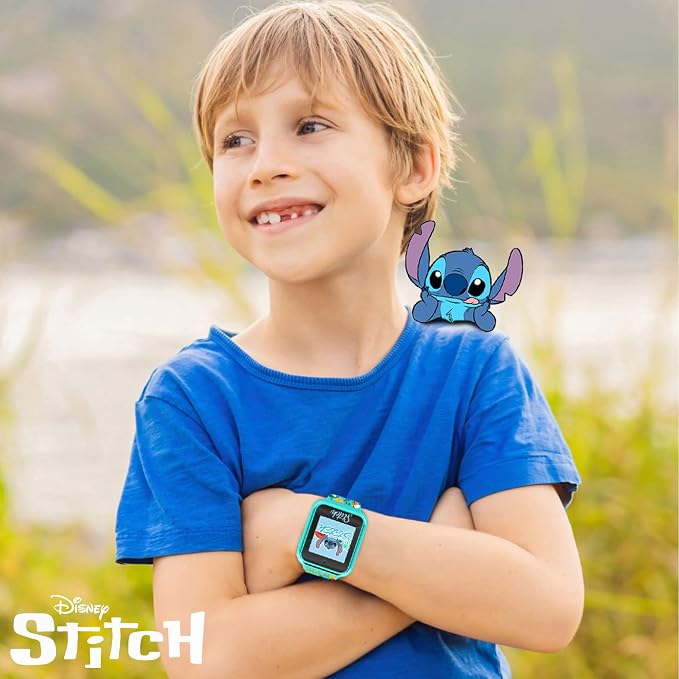 Disney Stitch Kids Smartwatch with Touchscreen, Camera, Games, Timer, Step Counter, Alarm & Calculator – Fun Interactive Watch with 10 Faces & Printed Silicone Strap – Fits Wrists 5.5" to 8"