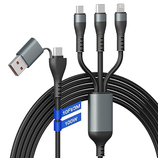 100W USB C to Multi Fast Charging Cable 3M/10Ft [Apple MFi Certified] USB A/C to 3-in-1 Long Charging Cord with Type C +Micro USB +Lightning Connector Universal Charger for Laptop iPhone i-Pad