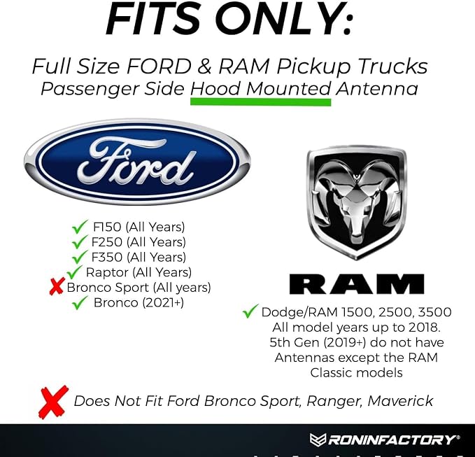 Ronin Factory Antenna for Ford F150 F250 F350 Ford Raptor Bronco Accessories Truck F-150 Accessories & Dodge RAM 1500 Anti Theft Short Replacement Antenna (SmartLock)