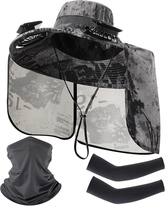 3 Pcs Solar Fan Hat with Arm Sleeves Neck Gaiter Wide Brim Sun Hat Solar Powered USB Charging for Men Women
