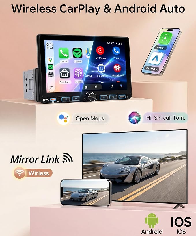Single Din Car Stereo Carplay Android Auto, 1 Din Head Unit Bluetooth 5.2 Backup Camera, 7 inch IPS Touchscreen Radio, FM/AM/RDS Radio, EQ USB-Type-C, Mirror Link SWC, Car Stereo Receivers
