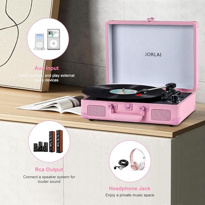 Portable Record Player with Bluetooth 3 Speed Turntable Built in Rechargeable Battery Vintage Suitcase Design with RCA Line Out and Aux in