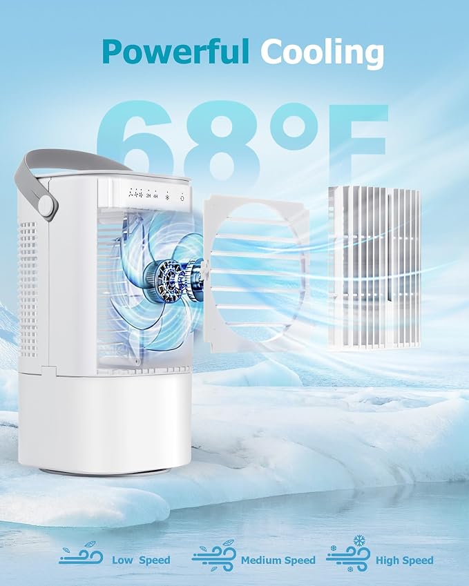 Portable Air Conditioners AC Unit: 3-Speed Mini Air Conditioner, 3-in-1 Personal Cooling Fan, Small Air Cooler with 1000ml Water Tank, 2H/4H Timer, USB Powered for Bedroom Office Desk