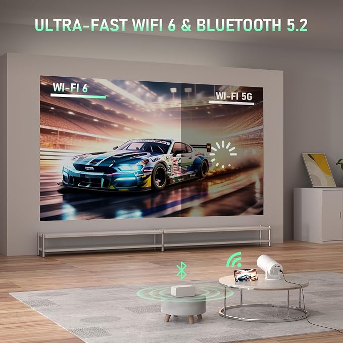 【Bone white Projector & Built-in Apps】XuanPad Mini Projector with Wi-Fi and Bluetooth, Full HD 1080P Smart Portable Projector with 210° Stand, Auto Vertical Keystone, Compatible with HDMI/USB/TV Stick