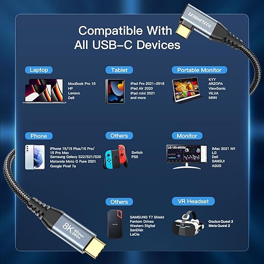 ZeroneTeck 12 inch USB C for Thunderbolt 4 Cable 1FT, 40Gbps High Speed Data Transfer Short, Right Angle 8K@60Hz Monitor Video Output, 240W PD Charging 90 Degree, for SanDisk,SSD,MacBook,iPad,KYY,Dell
