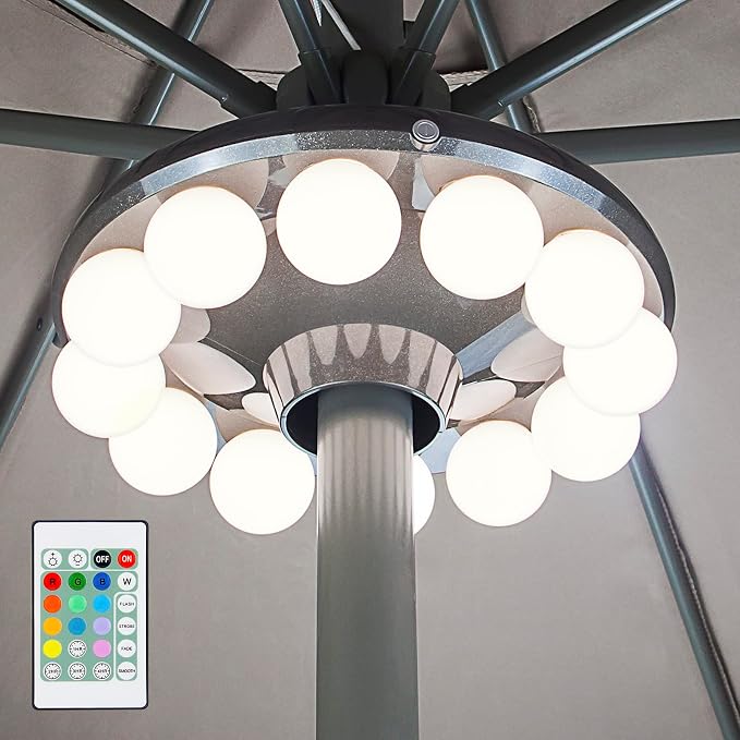 Patio Umbrella Light, 3xD Battery Operated Umbrella Pole Light with Remote 80Ft Through Wall, 12 Bulb 60 LEDs, 4 Modes, 12 Color Changing Outdoor Camping Light with Hanging Ring for Umbrella