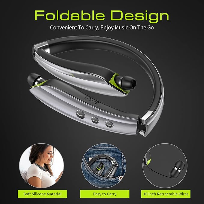 Bluetooth Headset, 2026 Upgraded Neckband Bluetooth Headphones with Retractable Earbuds, Noise Cancelling Stereo Earphones with Mic, Foldable Wireless Headphones for Sports Office w/Carry Case(Grey)