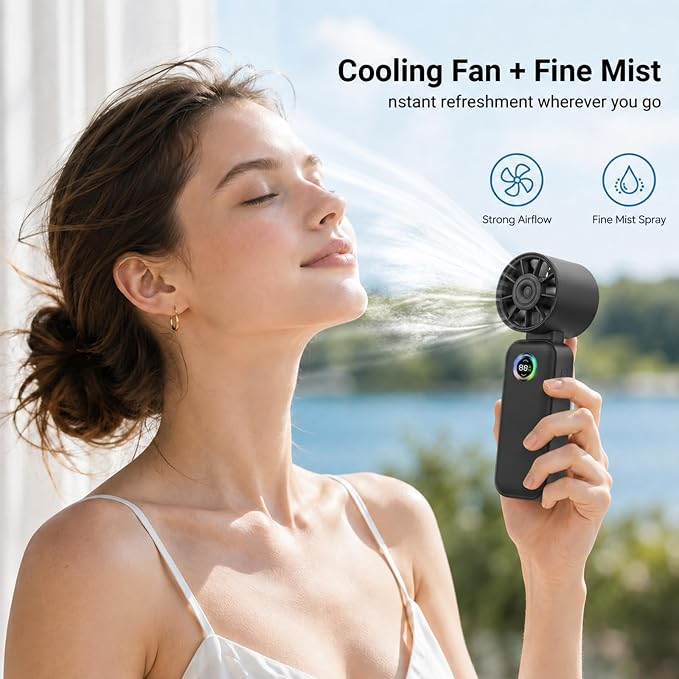 Clip-On Portable Fan with Misting, 4000mAh Up to 12H Battery Life Hand Mini Foldable Fan, 360° Rotating USB Rechargeable Turbo Quiet Stroller Fans for Travel Outdoors and Office Use (Black)