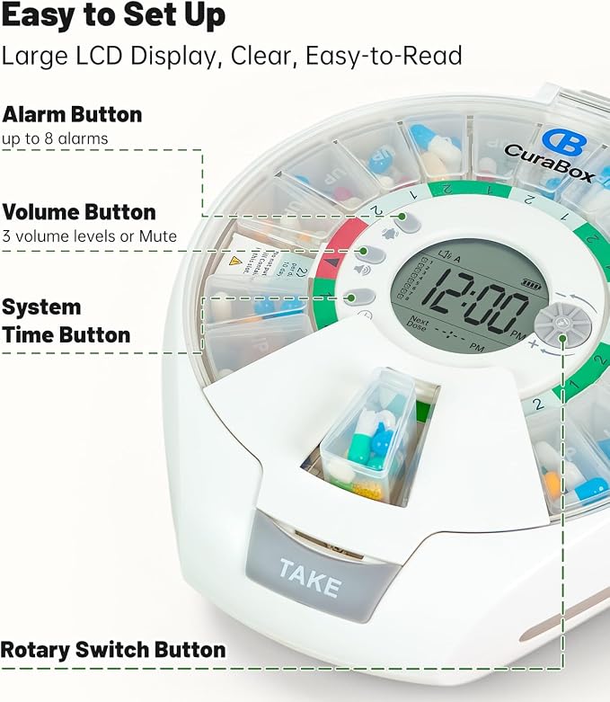 Automatic Pill Dispenser with 21 Individual Pods for Fresh Storage, Seniors-Friendly Smart Medication Organizer with Alarm & Light Alerts, Key Lock for Multiple Vitamins, Supplements, Prescriptions