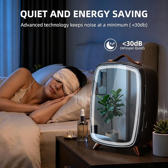 Antarctic Star 6L/8 Cans Makeup Mini Refrigerator with Dimmable LED Light Mirror for Bedroom, Car, Office & Dorm,Portable Small Cooler for Cosmetics,Skin Care,BLACK
