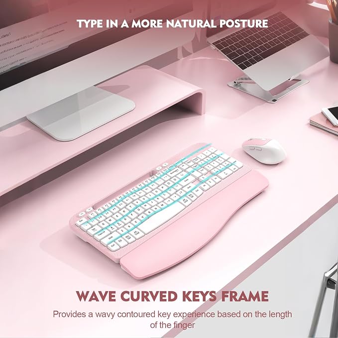 Wireless Keyboard and Mouse Combo, Full-Sized Ergonomic Wave Keys Keyboard with Memory Foam Wrist Rest & Phone Holder, 2.4G Quiet Keyboard Mouse Work Setup for PC Laptop, Office or Home (Pink)