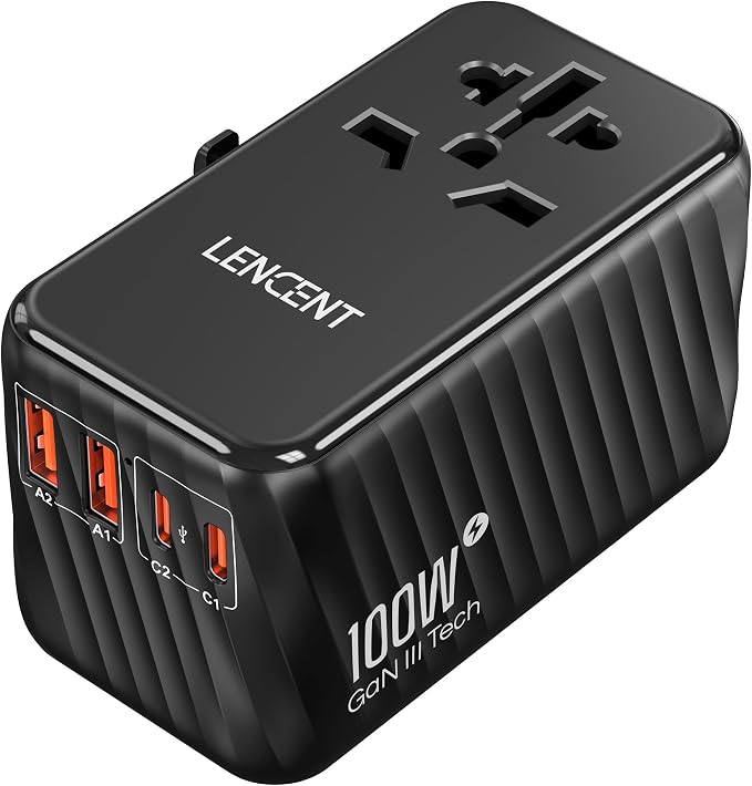 LENCENT Universal Travel Adapter, 100W GaN International Fast Charger with 2 PD3.0 Type C+2 QC USB A, Worldwide Power Adaptor for Phones,Laptops, All in One Travel Essentials for EU/USA/UK/AU, Black