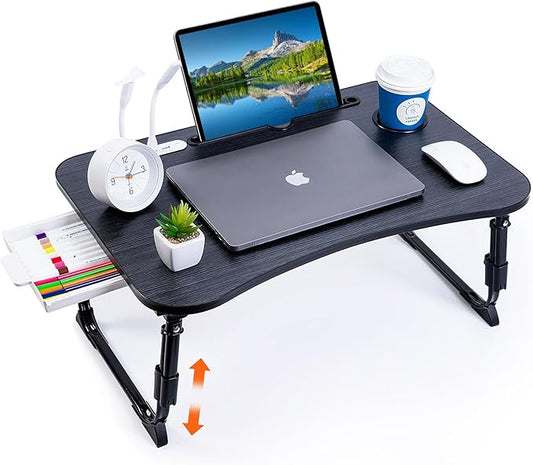 BYMECOST Laptop Desk for Bed, Height Adjustable Laptop Bed Table, Foldable Portable Lap Desk Stand with USB/Storage Drawer/Cup Holder/Slot, Breakfast Tray for Working Reading Writing Eating