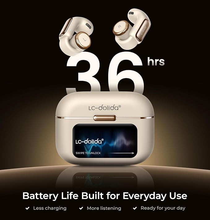 LC-dolida Open-Ear Wireless Earbuds with Smart LED Display Case, Clip On Earbuds All-Day Comfort & Situational Awareness, Case Control for Volume, EQ, Music, Find My Earbuds & Camera, Timer (Cream)