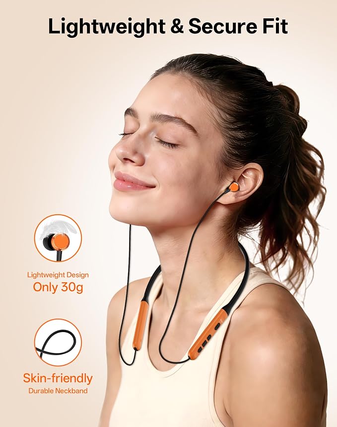 Neckband Bluetooth Headphones, Wireless Bluetooth 6.0 Earbuds with Microphone, Comfortably Light, Deep Bass Earphones 35H Playtime, IPX5 Waterproof, Magnetic Headset for Workout (Deep Orange)