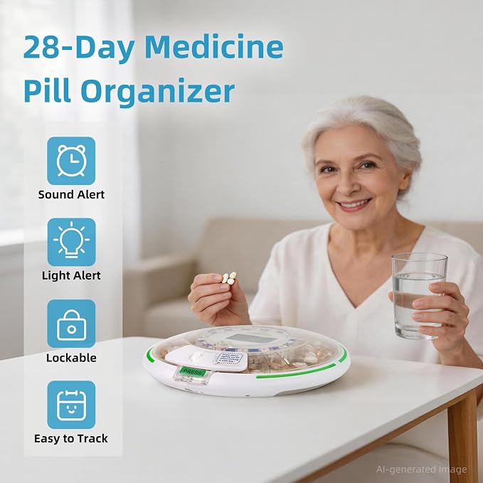 Automatic Pill Dispenser with Safety Lock, Flashing Light, Sound, Alarm, 28-Day Electronic Medication Dispenser for Vitamins and Tablets Up 6 Times/Day, Easy Read Display, Clear Lid