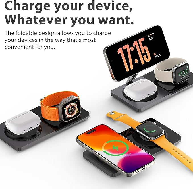 PETINO 3 in 1 Wireless Charging Station for Apple Devices with MagSafe | For iPhone 17/Air/16/15/14/13/12, AirPods & Apple Watch, Foldable Portable Aluminum Charging Stand, Adapter Included