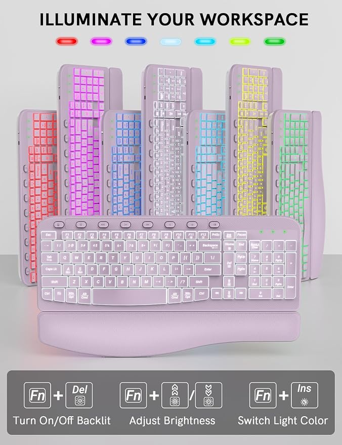 SABLUTE Ergonomic Wireless Keyboard and Mouse Combo - Wave Keyboard with Soft Leather Wrist Rest, Resistant Keys, RGB Backlit Rechargeable Set for PC/Mac/Chromebook (Lavender Purple)