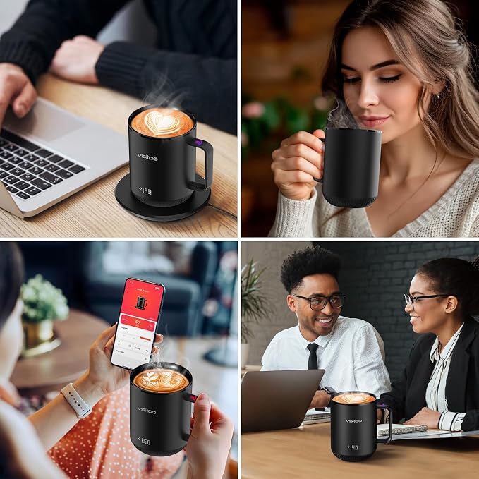 Vsitoo S3 12oz Heated Espresso Mug, Smart Self Heating Coffee Mug for Espresso Lovers, AI Auto-Sensing Temperature Control 120-150℉, Rechargeable Mug Warmer, 316 SS IPX7, Gift for Women Men, Black