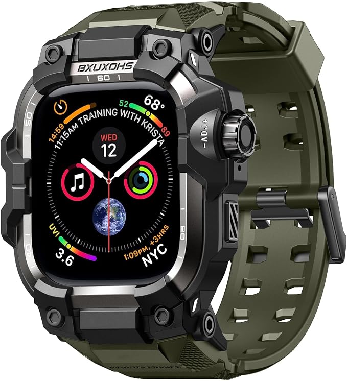 BXUXOHS Rugged Case and Band for Apple Watch 45mm Men, Compatible with Apple Watch Series 9/8/7, Military Grade Shockproof Bumper Cover, Tactical Band Case for iWatch 9/8/7 Man, Army Green