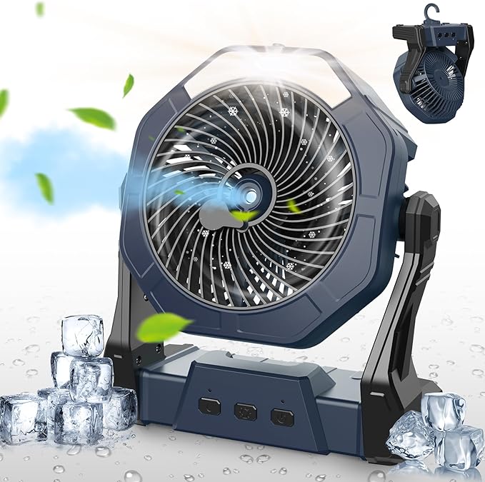 Ausic Portable Misting Fans for Outside Patios, [Max 95H Runtime] Outdoor Cooling Camping Fan, 8 Inch Battery Operated Rechargeable Fans, 250ml Water Spray Fan for Beach/Travel, Light & Hook