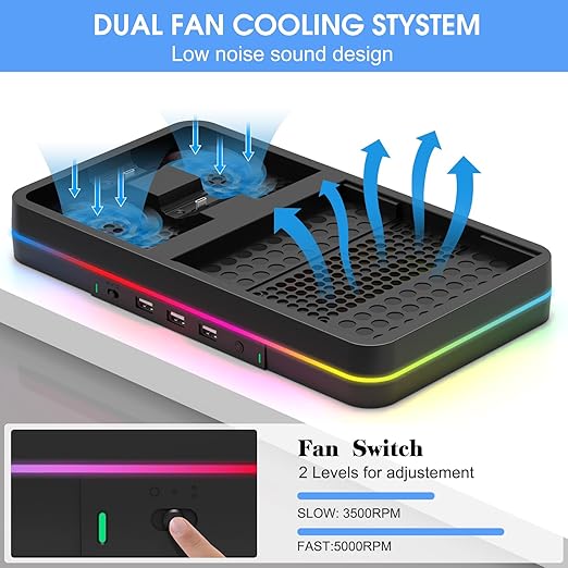 KEPLUG Dual Cooling Fan and Cooling Stand for Xbox Series X/S Console/Controller Dual Controller Charger Station with RGB LED Light & 3 USB Ports,Xbox Series x Accessories with 2 Headphone Hooks