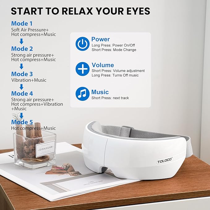 TOLOCO Eye Massager with Heat,Bluetooth Music,Compression,Electric Adjustable Eye Massager,Improve Sleep,Holiday,Birthday,Christmas Gifts Eye Mask for Women Men