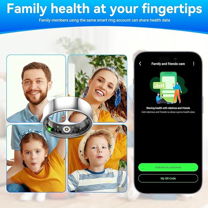 Smart Fitness and Activity Ring for Men and Women - Track Heart Rate Stress Sleep Steps and Blood Oxygen, 10ATM Waterproof Fitness Tracker for iPhone and Android, No Subscription Fee, Size 7