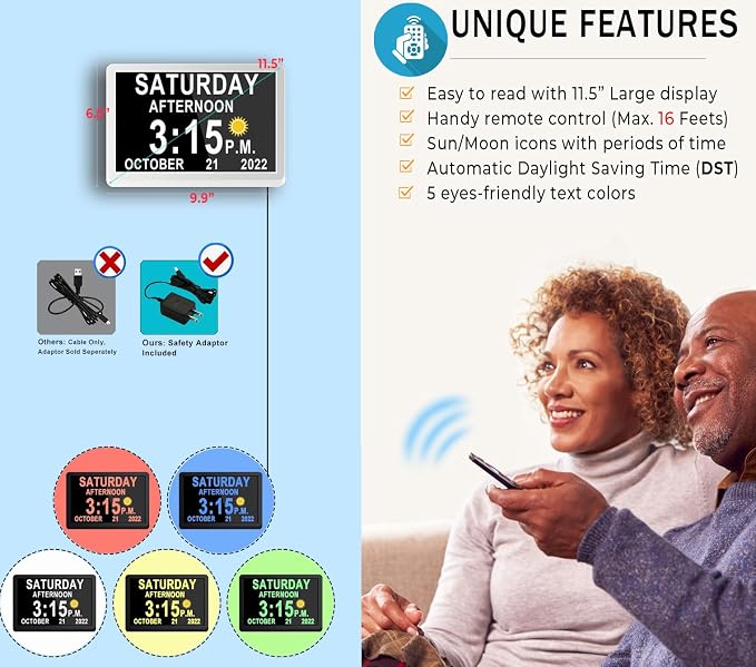 【Upgraded】11.5" Large Digtal Clock with Voice-Talking Day and Date for Seniors, Auto DST, 27 Alarms & Auto Dimmable, Non-Abbreviated Talking Clock for Elderly Dementia Alzheimers- White with Remote