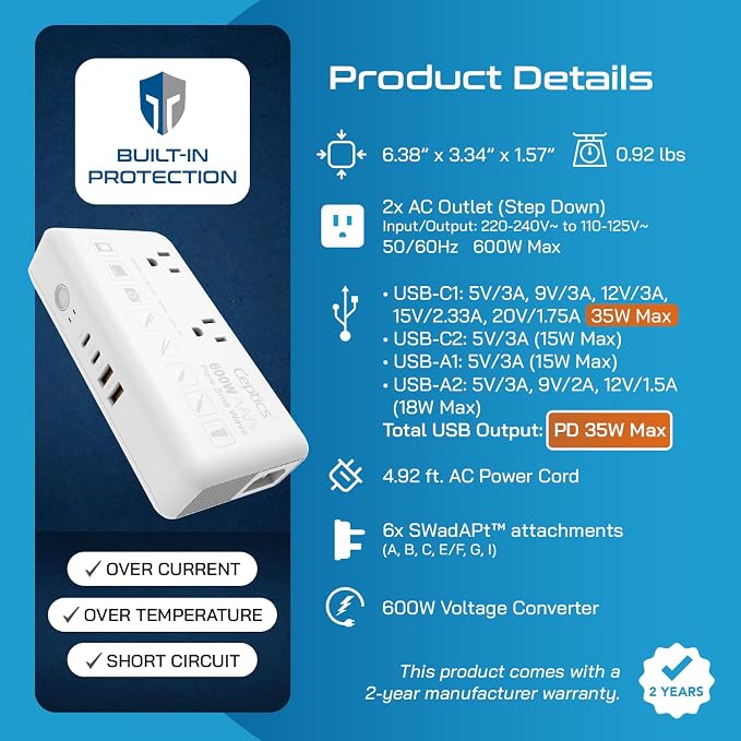 Ceptics 600W Pure Sine Wave 220v to 110v Converter, Step Down Voltage Converter us to Europe, 6 Plug attachments and 4 USB Ports (35W max), Perfect for Hair dryers, Straighteners and Curling Irons